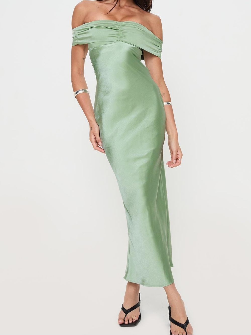 Princess Polly Sadee Off The Shoulder Maxi Dress Sage Sz 6